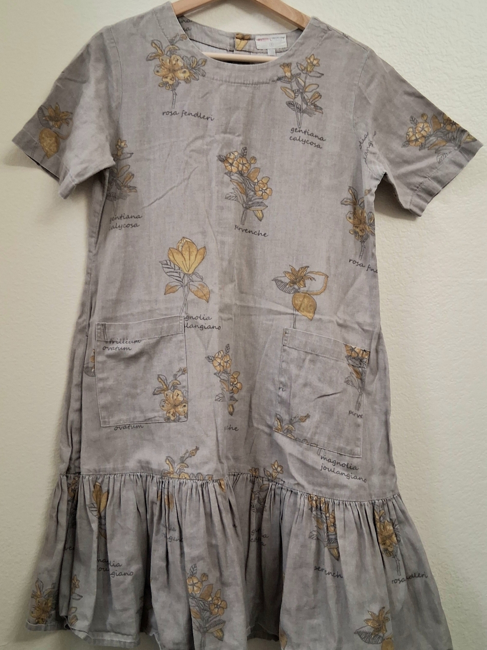 Floral Pocket Midi Dress in Gray with Mustard Accents